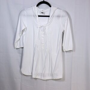 European Culture Hooded Blouse Medium White Womens Pintuck Henley Top